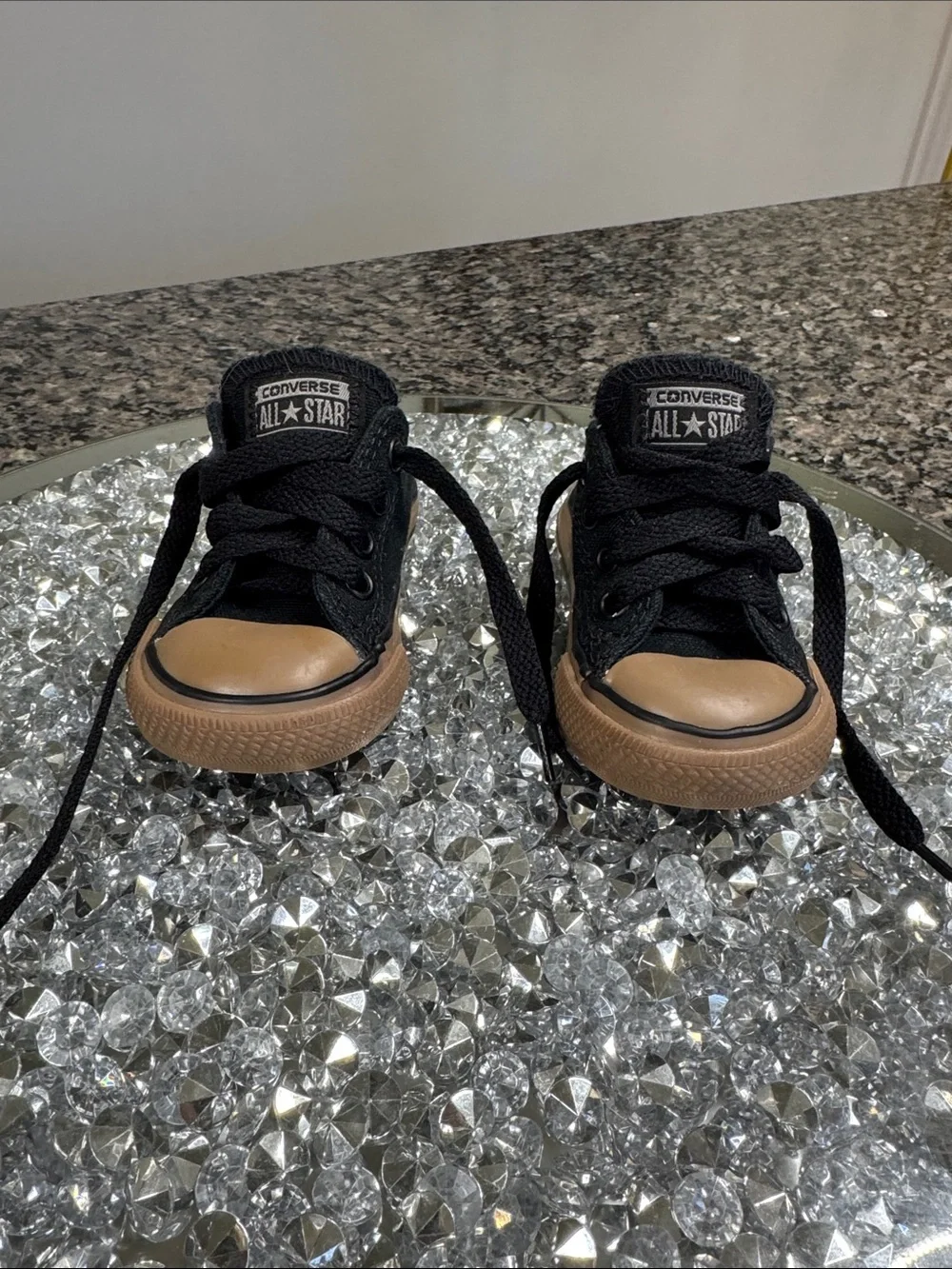 Converse baby toddler Black Sneakers with Tan Toe and Sole EUC 4